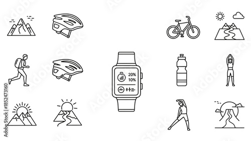 Outline icon set for active lifestyle: sports, travel, and health technology visuals