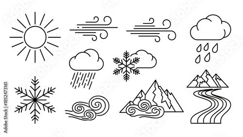 Collection of Outline Icons Representing Weather Conditions and Natural Landscape Elements
