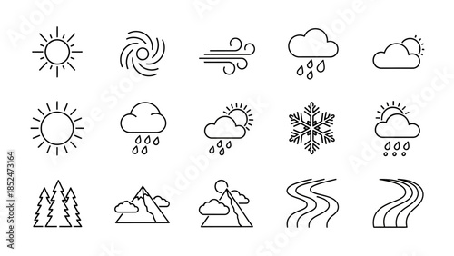 Collection of Outline Icons for Diverse Weather Conditions and Nature Landscapes