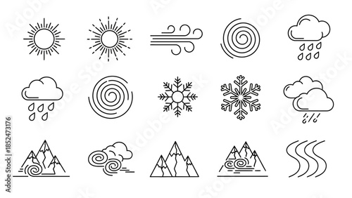 Illustrating diverse weather and natural climate phenomena with minimalist line icons