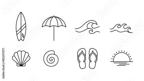 Minimalist Line Art Icon Collection: Summer Beach Vacation, Ocean Elements, and Travel Symbols