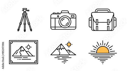 Exploring nature photography gear and scenic outdoor travel vector icon set