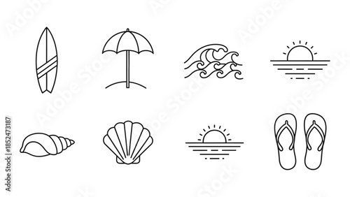 Summer Beach Vacation Line Icons Set: Coastal Travel and Ocean Elements Collection