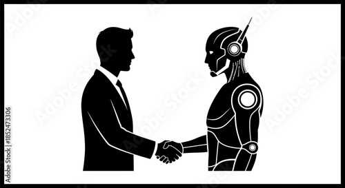 A man in a business suit shakes hands with a robotic figure in a sleek, modern setting.