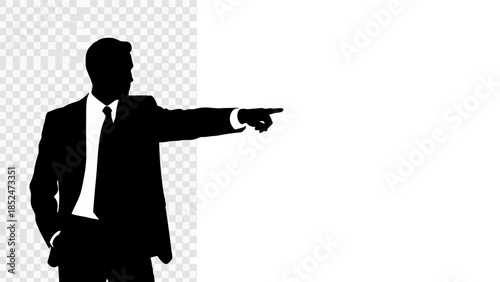 A silhouette of a man in a business suit gestures with his right hand pointing to the side.