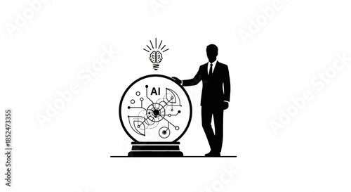 Businessman standing next to a large crystal ball with AI diagram and light bulb on top, illustrating innovation.