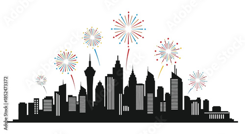 A vibrant cityscape is illuminated by dazzling fireworks displays creating a festive silhouette