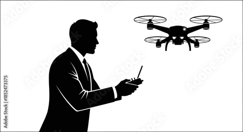 Man in business suit remotely controls drone with smartphone in hand.