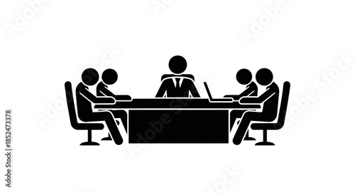Business meeting with people sitting around a table in a conference room discussing industry issues and graphic information.