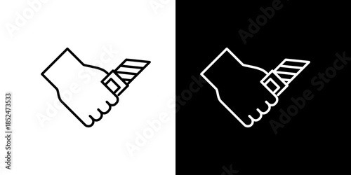 Hand holding a utility knife icon, vector illustration, minimalist design