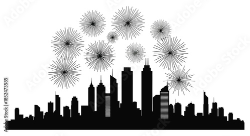 A striking cityscape is dramatically illuminated by a vibrant fireworks display a beautiful silhouette