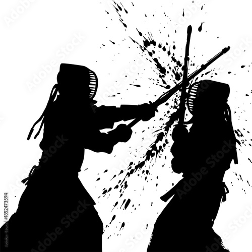 Kendo Fighter Men Strike Silhouette. Explosive Ink Brush Vector for Asian Games 2026