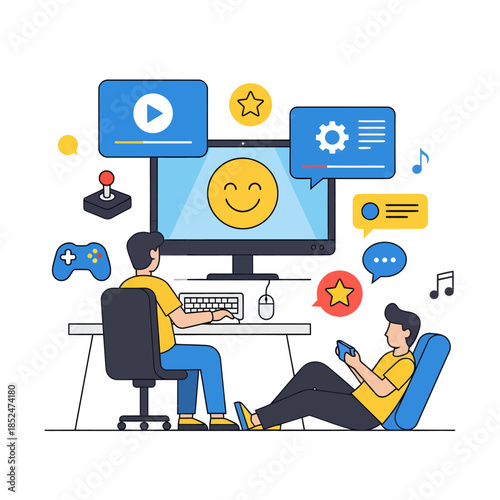 Two men engaging with digital entertainment and technology.