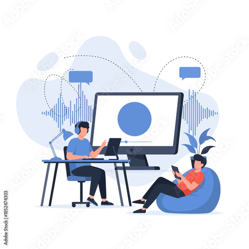Two people working and relaxing with technology.
