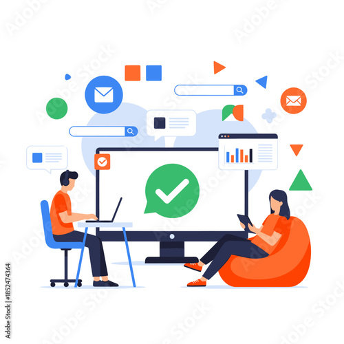 Two people working together on a digital project with a large monitor displaying a checkmark.