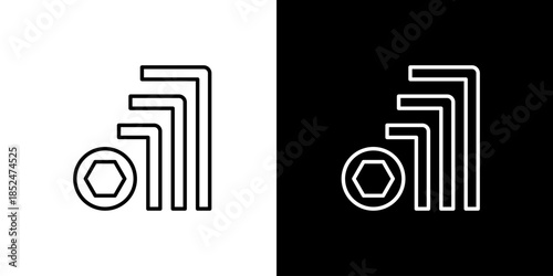 Set of Allen keys and hexagonal bolt icon outline on white and black backgrounds