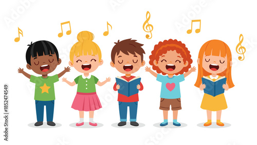 Happy Diverse Kids Singing Song Together with Music Notes.