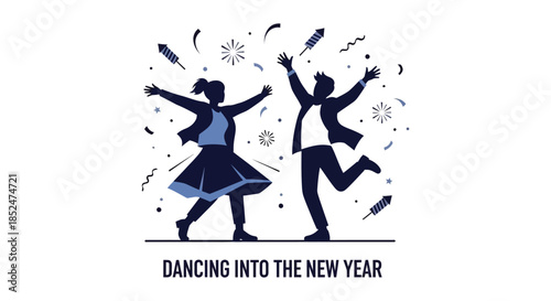 Joyful celebration with dancing figures and festive confetti capturing the spirit of new beginnings silhouette