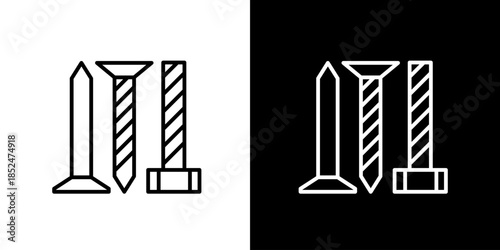 Single icon of set of assorted sharp construction screws and nails, essential hardware for carpentry, building, and home improvement concepts