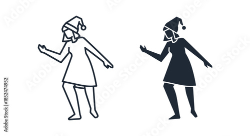 Two festive figures wearing santa hats cheerfully gesture showcasing a unique artistic style silhouette