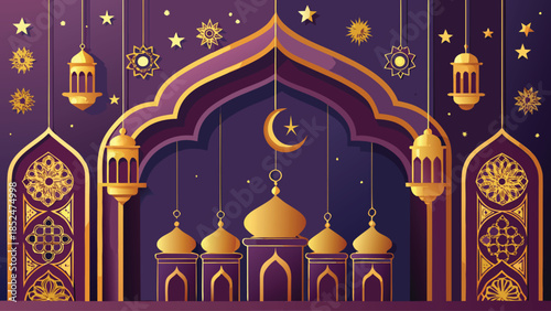 Arabic arches adorned with intricate gold and purple decorations, showcasing traditional architectural design..eps