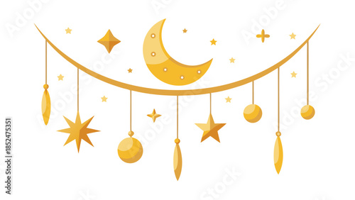 Golden stars and a crescent moon suspended from a string against a dark background, creating a whimsical night sky effect..eps
