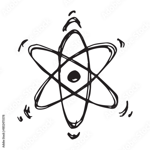 Hand drawn atom sign Molecule clipart in doodle style Single element for print, web, design, decor Symbol of science, education, nuclear energy, scientific research, molecular chemistry