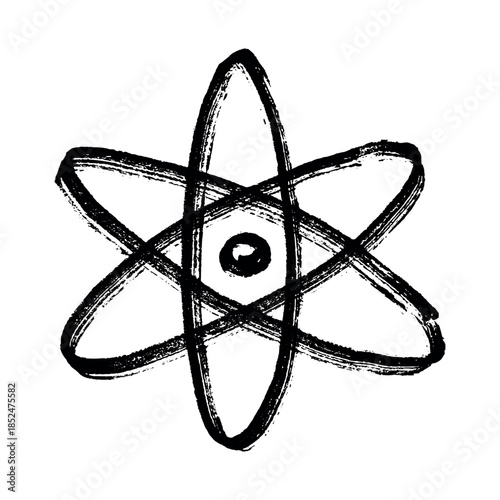 Hand drawn atom sign Molecule clipart in doodle style Single element for print, web, design, decor Symbol of science, education, nuclear energy, scientific research, molecular chemistry