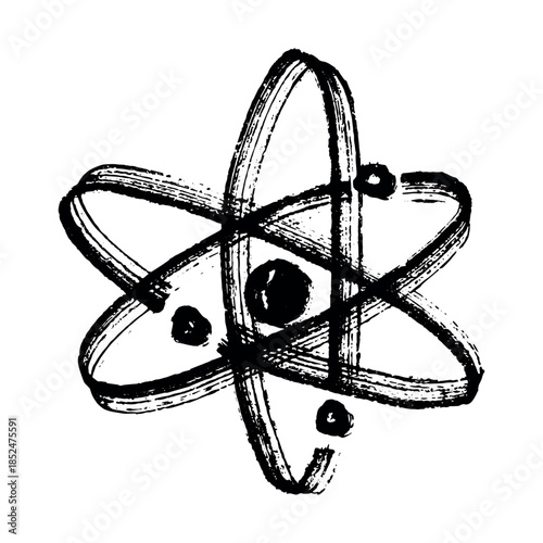 Hand drawn atom sign Molecule clipart in doodle style Single element for print, web, design, decor Symbol of science, education, nuclear energy, scientific research, molecular chemistry