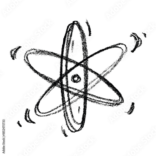 Hand drawn atom sign Molecule clipart in doodle style Single element for print, web, design, decor Symbol of science, education, nuclear energy, scientific research, molecular chemistry