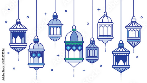 A series of vibrant hanging lanterns arranged on a white surface..eps