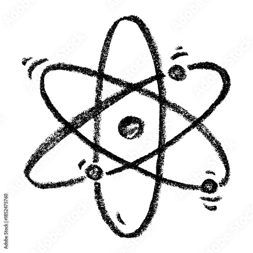 Hand drawn atom sign Molecule clipart in doodle style Single element for print, web, design, decor Symbol of science, education, nuclear energy, scientific research, molecular chemistry