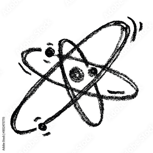 Hand drawn atom sign Molecule clipart in doodle style Single element for print, web, design, decor Symbol of science, education, nuclear energy, scientific research, molecular chemistry