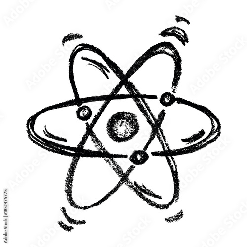 Hand drawn atom sign Molecule clipart in doodle style Single element for print, web, design, decor Symbol of science, education, nuclear energy, scientific research, molecular chemistry