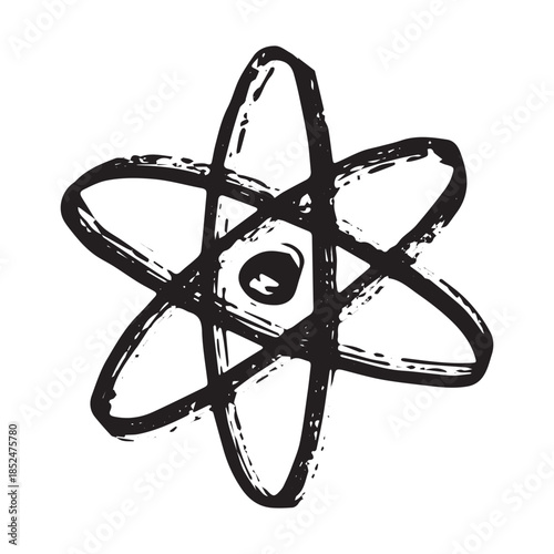 Hand drawn atom sign Molecule clipart in doodle style Single element for print, web, design, decor Symbol of science, education, nuclear energy, scientific research, molecular chemistry