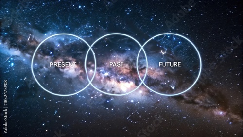 Interconnected luminous rings representing past present and future in a vast cosmic galaxy
