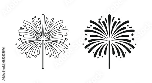 Two firework bursts in black and white stylized designs with intricate detailing silhouette