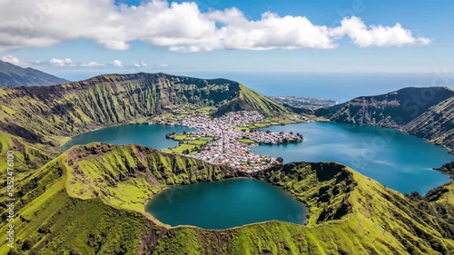 Aerial view of the volcanic crater lake lagoa das sete cidades with the village nestled between the two lakes on so miguel island, azores, portugal, 4k high quality video