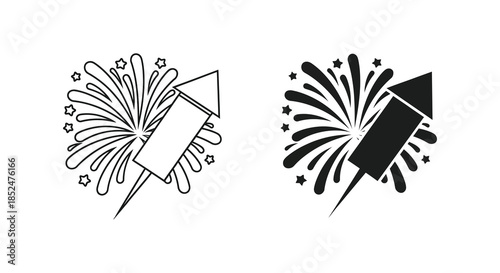 Two stylized illustrations of fireworks with sparklers representing celebration and festivities silhouette