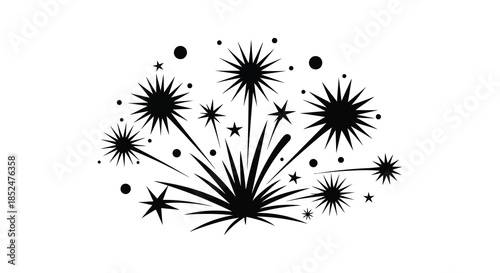 A striking visual of black fireworks exploding in a burst of star like shapes silhouette