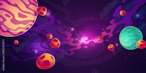 Planets in outer space with satellites and meteors