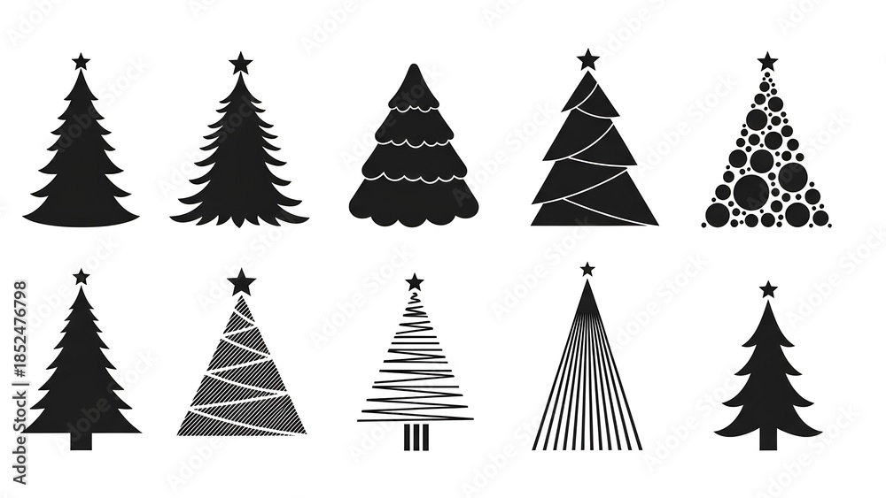 Obraz premium Collection of diverse black Christmas tree silhouettes with varying patterns and designs