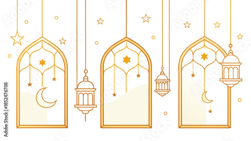 Four elegant Arabic arches adorned with intricate gold accents, showcasing a blend of cultural artistry and architectural beauty..eps