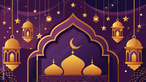 beautifully decorated Arabic arches with gold and purple motifs, exemplifying classic Middle Eastern architectural style..eps