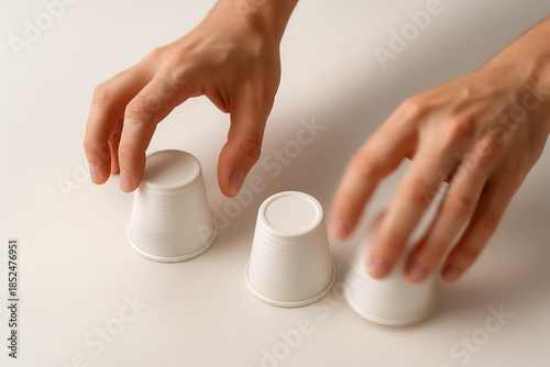 A person engaged in the shell game, also known as thimblerig. It is a traditional game of chance or a confidence trick. business design element isolate on a white background