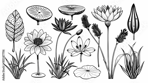 Vintage collection of black and white sketches of aquatic plants and water flowers