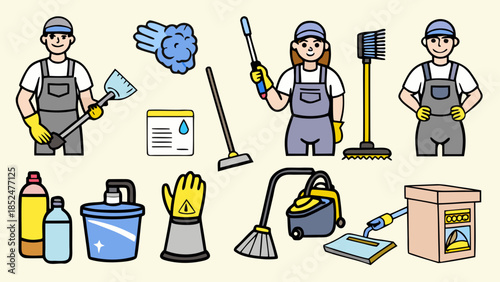 A detailed illustration showing cleaning service professionals with various tools and equipment