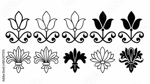 A collection of vintage floral ornament designs including lilies and fleur-de-lis elements