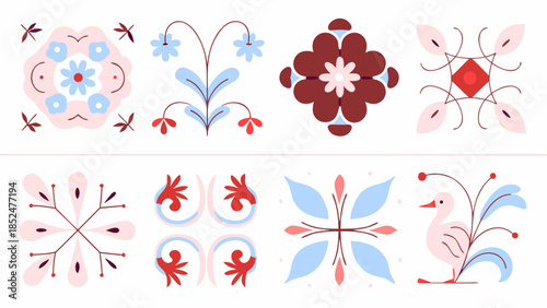 A collection of stylized folk art patterns featuring flowers and a bird motif