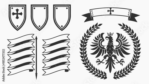 Collection of medieval heraldic symbols including shields, banners, and an eagle crest